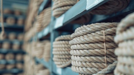 Neatly stacked coils of rope fill a warehouse shelf, providing an aesthetic display of texture and utility. The organized arrangement emphasizes functionality and craftsmanship in storage.