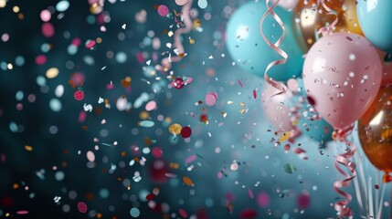 An explosion of color erupts with balloons and confetti, symbolizing joy and celebration. This vibrant scene captures the essence of festive moments filled with happiness and excitement.