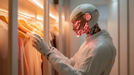 A futuristic robot, with illuminated features, curiously interacts with clothing in a stylish closet. This intriguing visual reflects innovation and the blend of technology with everyday life.
