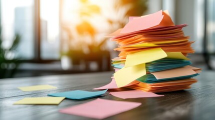 A vibrant stack of sticky notes in various colors sits on a wooden desk, representing organization and creativity in a workspace setting with a beautiful sunlight backdrop.