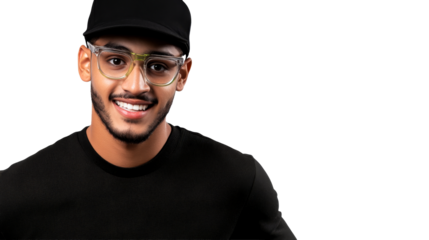 Smiling Latino man with glasses and cap, headshot, cut out transparent