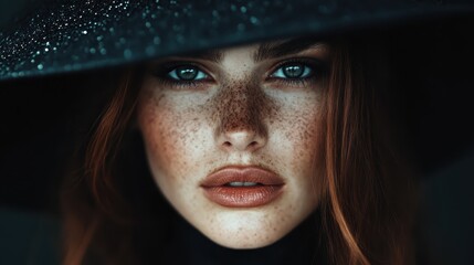 A close-up portrait of a woman wearing a wide-brimmed hat, capturing intense gaze and striking freckles, showcasing beauty and individuality in a compelling artistic style.