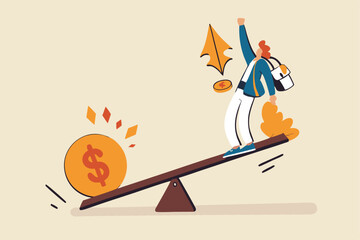 Economic stimulus money, central bank inject money to boost business and recover from Coronavirus COVID-19 crisis, big money dollar coin fall on seesaw to boost other side businessman with rocket.