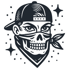 Edgy retro vector illustration: skull face with human eyes, wearing a backward baseball cap & bandana. Urban street art, tattoo style. Monochrome design.