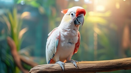 A stunning parrot perches on a branch, showcasing its vibrant feathers and inquisitive expression, symbolizing the beauty of wildlife and the rich diversity of nature in a warm setting.
