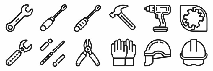 Mechanical tools and safety equipment icon grid – Ideal for workplace safety materials, training manuals, or industrial brochures