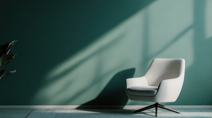 A contemporary white chair, elegantly poised against a muted green wall, creates a tranquil scene highlighted by soft shadows, embodying minimalist design and calm simplicity.