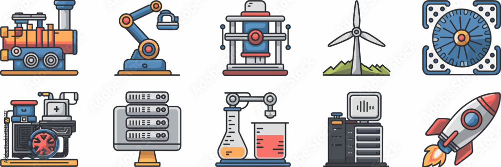Poster flat style machine icons including 3d printer and robotic arm – suitable for science visuals, techno