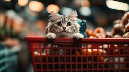 A fluffy gray kitten peeks out from a vibrant shopping basket filled with fresh produce, bringing a playful and whimsical touch to a bustling market scene.