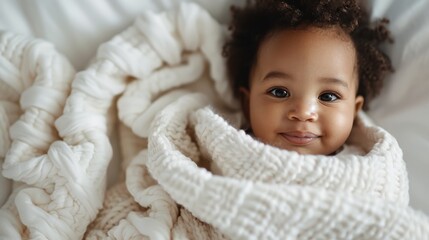 A joyful baby wrapped in a soft, white blanket smiles radiantly, capturing the essence of innocence and warmth, evoking feelings of love and tenderness.