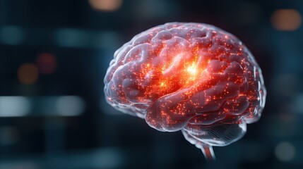 A digitally rendered image of a glowing brain with intricate connections and light patterns, representing knowledge, creativity, and the power of human cognition.