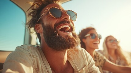A group of happy friends laugh together as they enjoy a sunny road trip, showcasing the carefree spirit of friendship and adventure in an open vehicle.