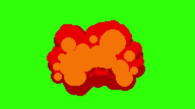 Retro Pixel Art Cartoon Exploding Bubble or Explosion Fire Animation Loop on Green Screen. Perfect for retro video games, manga or anime animated fight pop ups, nostalgic gaming projects.