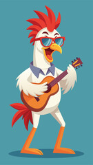 Cartoon chicken playing guitar and wearing sunglasses with a fun and cheerful expression