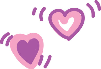 Two beating hearts, hand drawn outlines with purple brush and pink brush. Doodle sketch heart shape.