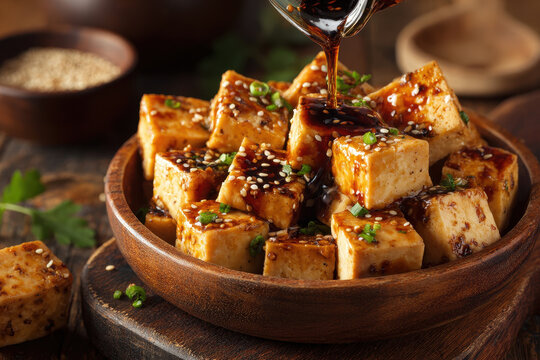 Tofu cubes with soy glaze drizzle and sesame seeds in wooden bowl