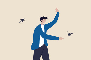 Housing deal, sell old house and buying new one, real estate and property trading or mortgage concept, home owner throwing old house key and grab new one.