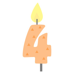 Four Birthday candle. Holiday design. Birthday cake candle with flame light. 4 year old. Kindergarten birthday party celebration