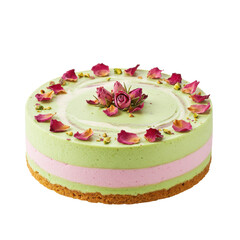 Elegant layered cake with rose petals and pistachios, set against a plain background