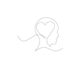 Continuous line drawing of human head with heart. Vector illustration