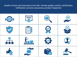 Quality Control Icon Set. Certification icons. include quality control, assurance, verification,
process assurance, product inspection. checkmarks, seals, and packaging. flat icons, solid icons