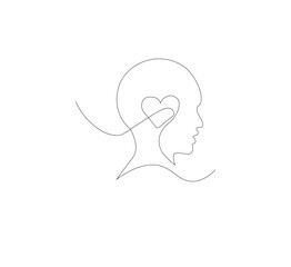 Continuous line drawing of human head with heart. Vector illustration
