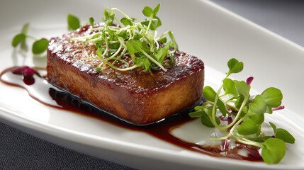 Soy glazed tofu on white plate with fresh greens