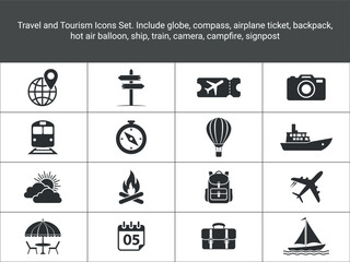 Tourism Icons Set. Travel  Icons. Include globe, compass, airplane ticket, backpack, hot air balloon,
ship, train, camera, campfire, calendar, umbrella. flat icons, solid icon, icon vector