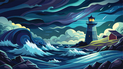 Stormy Night at Sea with Waves Against Lighthouse – Dark Ocean Vector Scene	