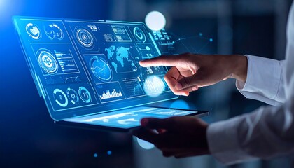Hands interact with augmented reality interface on a digital device with data visualization displays