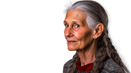 Older woman with white hair and braided pigtails, cut out transparent