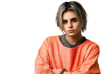 Youth portrait, blonde hair, pink top, chain, arms crossed, cut out transparent