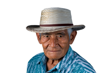 Mature Latino man with straw hat, confident expression, cut out transparent