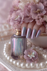 Elegant pastel manicure with shimmering polish and floral accents on a luxurious display table