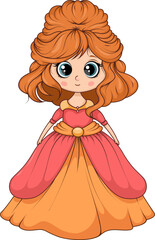 Cute cartoon princess girl in orange and pink dress isolated on white background