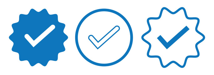 Blue tick icon on light background. Chek mark, approved profile sign. Verified account concept. Social network.  eps 10 