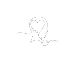 Continuous line drawing of human head with heart. Vector illustration