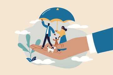 Family safety, life insurance or protection concept, lovely family holding hands, parent with daughter and cute little dog in helping hand palm with other hand cover above for shelter and protection.