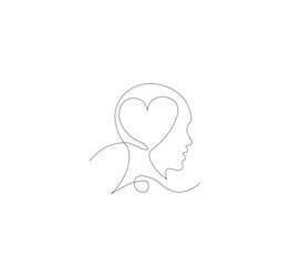 Continuous line drawing of human head with heart. Vector illustration