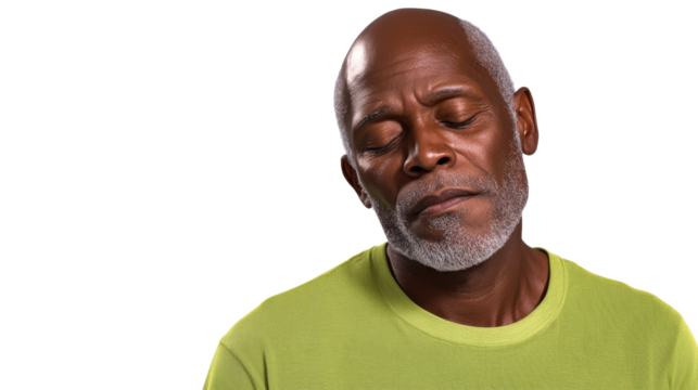 Bald African man, closed eyes, green shirt, close up, cut out transparent