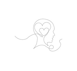 Continuous line drawing of human head with heart. Vector illustration