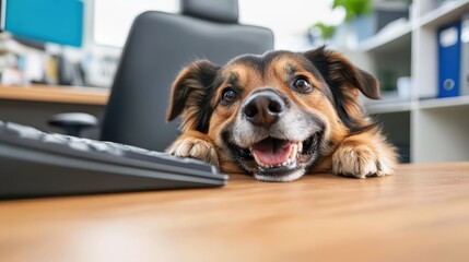 An adorable dog rests its chin on an office desk, looking cheerful and engaged as it gazes up, bringing a sense of joy and companionship to the workspace environment.