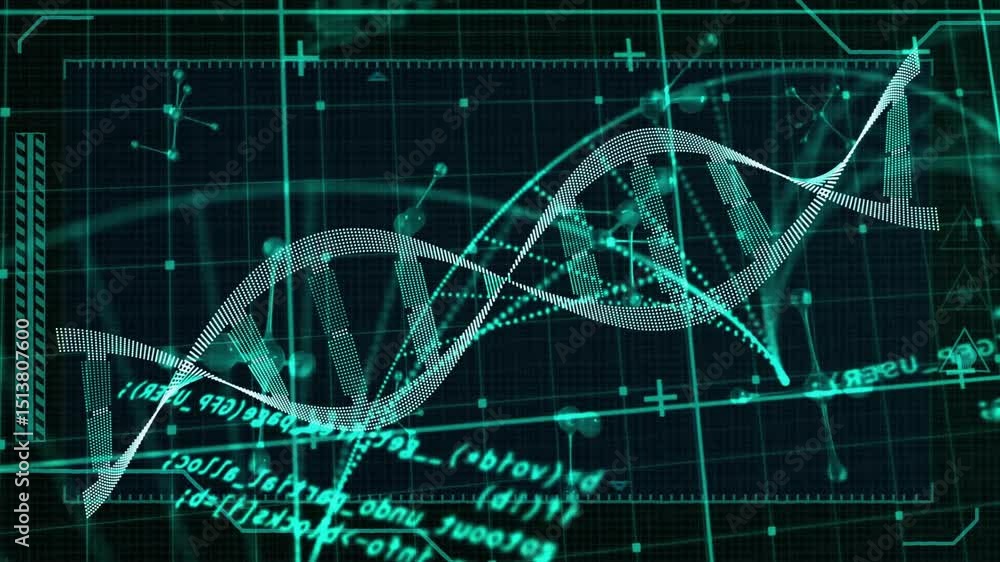 Poster upon interface initialization dna helix rotating clockwise as code scrolling highlighting nodes