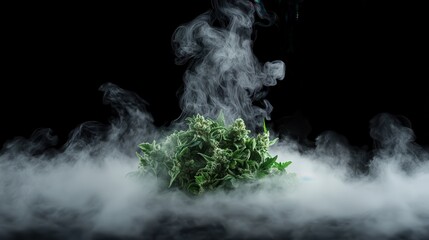 A striking close-up of a lush cannabis bud bathed in thick swirling smoke against a dark backdrop, evoking a sense of mystery and allure surrounding the substance.