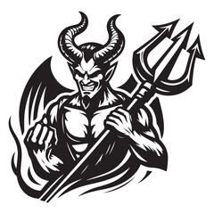 Angry horned devil holding trident spear vector illustration