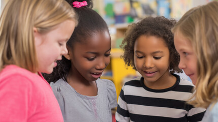 Young girls joyfully collaborating on a creative project in a vibrant classroom environment