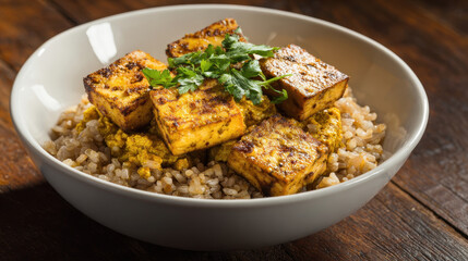 Grilled tofu pieces on brown rice with curry sauce in bowl