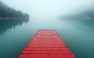 Fototapeta premium Red Wooden Dock Extending into Misty Teal Lake. High quality
