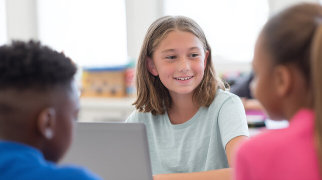 Engaging students collaborate joyfully in a bright and inviting classroom during a creative learning activity