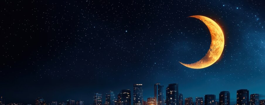 economy trade sustainability concept. A crescent moon illuminates a city skyline against a starry night sky.